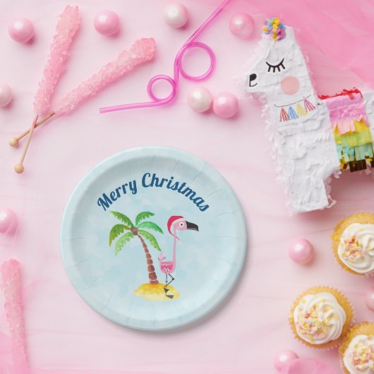 Vrolijk kerstroze flamingo in Santa Hat Papieren Bordje (Feest)