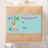 Vrolijk kerstroze flamingo met palmboom-cadeau etiket (Insitu)