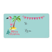 Vrolijk kerstroze flamingo met palmboom-cadeau etiket (Voorkant)