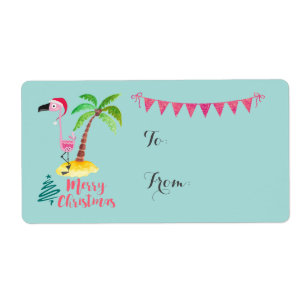 Vrolijk kerstroze flamingo met palmboom-cadeau etiket