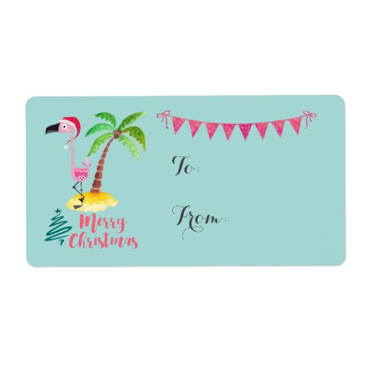 Vrolijk kerstroze flamingo met palmboom-cadeau etiket (Voorkant)