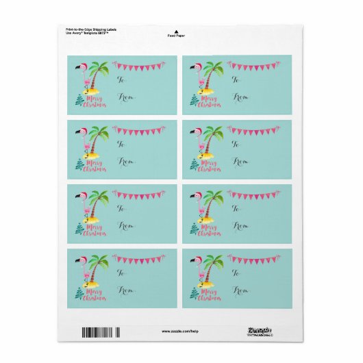 Vrolijk kerstroze flamingo met palmboom-cadeau etiket (Full Sheet)