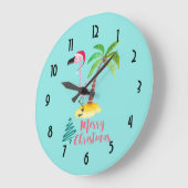 Vrolijk kerstroze flamingo met palmboom grote klok (Hoek)