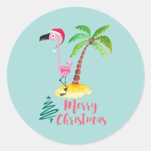 Vrolijk kerstroze flamingo met palmboom ronde sticker (Voorkant)