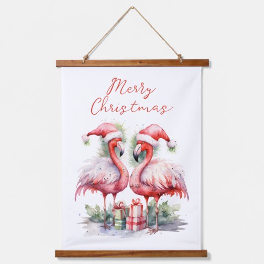 Vrolijk kerstroze flamingo's hangend wandkleed (Voorkant)