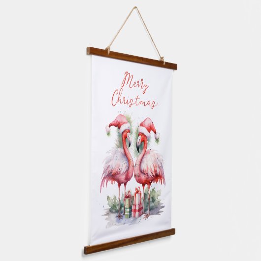 Vrolijk kerstroze flamingo's hangend wandkleed (Gebogen)