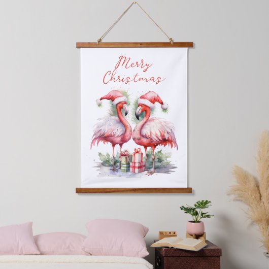 Vrolijk kerstroze flamingo's hangend wandkleed (Slaapkamer)
