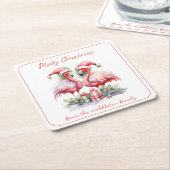 Vrolijk kerstroze flamingo's kartonnen onderzetters (Schuin)