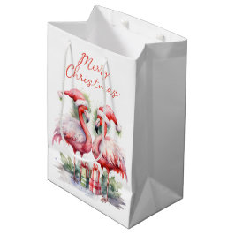 Vrolijk kerstroze flamingo's medium cadeauzakje