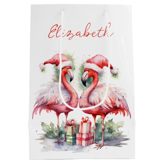 Vrolijk kerstroze flamingo's medium cadeauzakje (Achterkant)