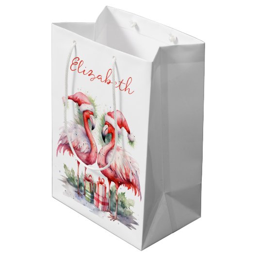 Vrolijk kerstroze flamingo's medium cadeauzakje (Achterkant Gekanteld)