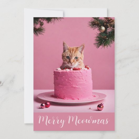 Vrolijk kerstroze kat in cake schattig gember kat feestdagenkaart (Voorkant)