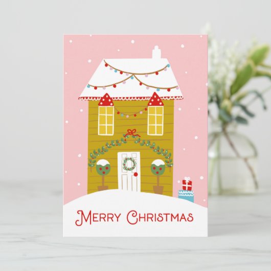 Vrolijk kerstroze peperkoek huis Kaart (Staand voorkant)