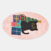 Vrolijk Kerstroze Schattigee Zwarte Kat Kerstboom Ovale Sticker (Voorkant)