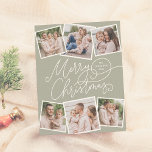 Vrolijk Kerstsalie Groen 6 foto's Budget<br><div class="desc">Verspreid vakantie juichen met deze charmante salie groene kerstbudget fotokaart! Op de voorkant staat "Merry Christmas" in speelse handgeschreven kalligrafie, met je familienaam en het jaar weggestopt in een van de bloeiperioden. Voeg een persoonlijk tintje toe met zes aangepaste foto's - drie aan de bovenkant en drie aan de onderkant...</div>