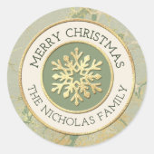 Vrolijk Kerstsalie Groen en Goud Sneeuwvlok Naam Ronde Sticker (Voorkant)