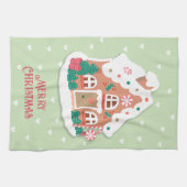 Vrolijk kerstsalie roze besneeuwde peperkoek huis theedoek (Horizontaal)