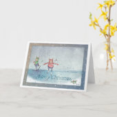 Vrolijk Kerstschaatsen Konijnen Kerstmis Kaart (Gele Bloem)