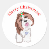 Vrolijk kerstschip Tzu met Snowflake Dog Ronde Sticker (Voorkant)