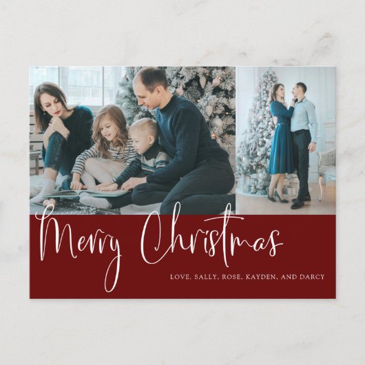 Vrolijk kerstscript 2 Foto Collage Holiday Red Briefkaart (Voorkant)