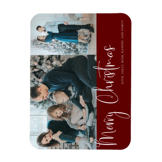 Vrolijk kerstscript 2 Foto Collage Holiday Red Magneet (Verticaal)