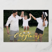 Vrolijk kerstscript 2 foto's Gold Folie Uitnodiging (Voorkant)