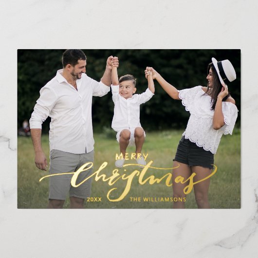 Vrolijk kerstscript 2 foto's Gold Folie Uitnodiging (Voorkant)