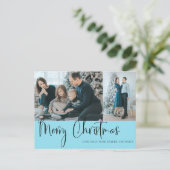 Vrolijk kerstscript 2 Fotovakantieblauw Briefkaart (Staand voorkant)