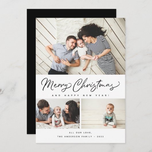Vrolijk kerstscript 3 Collage Multi-Photo Feestdagenkaart (Voorkant / Achterkant)
