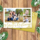 Vrolijk kerstscript 3-foto Sneeuwvlokken op Goud Feestdagenkaart