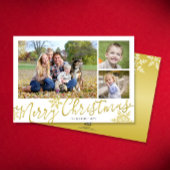 Vrolijk kerstscript 3-foto Sneeuwvlokken op Goud Feestdagenkaart