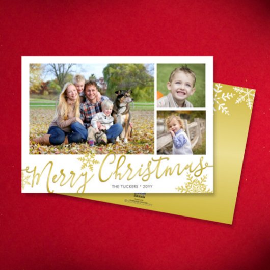 Vrolijk kerstscript 3-foto Sneeuwvlokken op Goud Feestdagenkaart