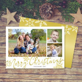 Vrolijk kerstscript 3-foto Sneeuwvlokken op Goud Feestdagenkaart