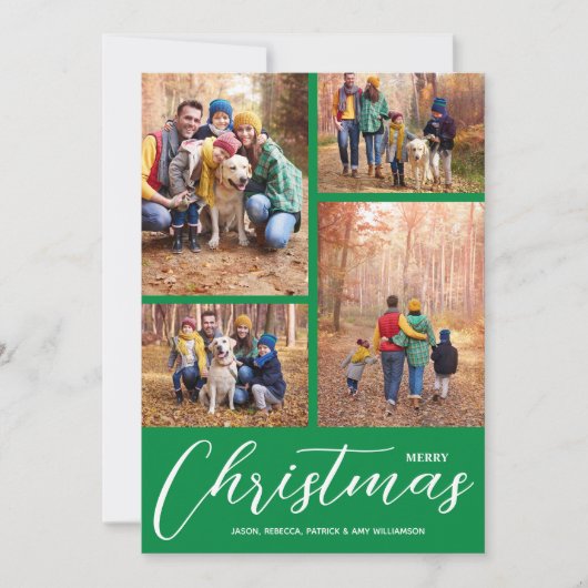 Vrolijk kerstscript 4 Collage Multi-Photo Green Feestdagenkaart (Voorkant)