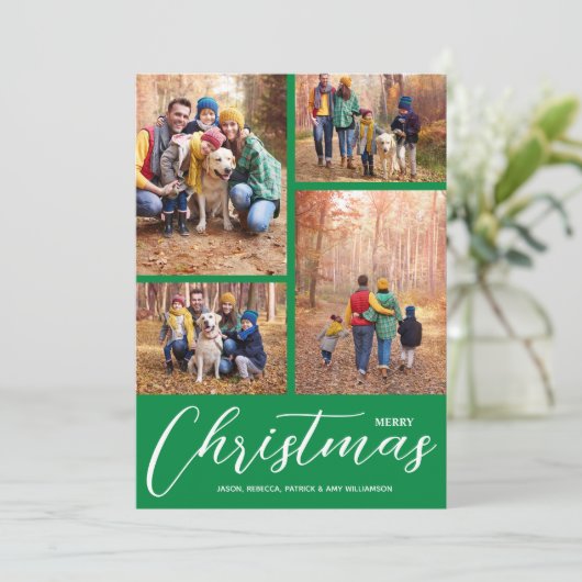 Vrolijk kerstscript 4 Collage Multi-Photo Green Feestdagenkaart (Staand voorkant)