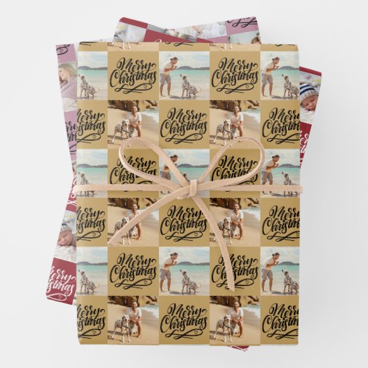 Vrolijk kerstscript 6 Foto Gold Red Roze Inpakpapier Vel (In situ)