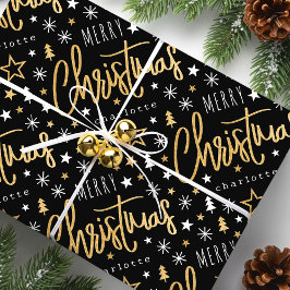 Vrolijk kerstscript Aangepaste naam Black Faux Gol Cadeaupapier