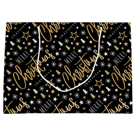 Vrolijk kerstscript Aangepaste naam Black Faux Gol Groot Cadeauzakje (Voorkant)