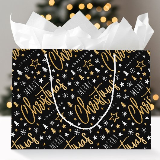 Vrolijk kerstscript Aangepaste naam Black Faux Gol Groot Cadeauzakje