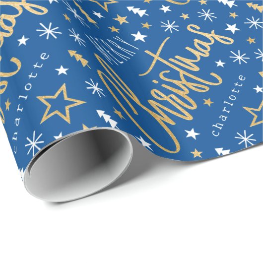 Vrolijk Kerstscript Aangepaste naam Blue Faux Gold Cadeaupapier (Rol Hoek)
