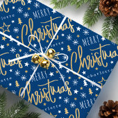 Vrolijk Kerstscript Aangepaste naam Blue Faux Gold Cadeaupapier