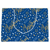 Vrolijk Kerstscript Aangepaste naam Blue Faux Gold Groot Cadeauzakje (Voorkant)