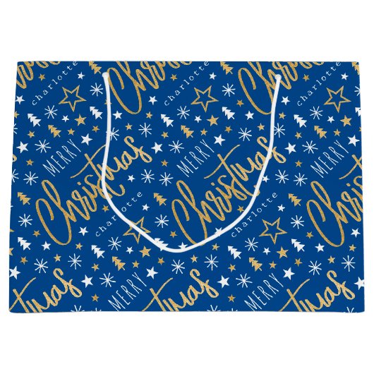 Vrolijk Kerstscript Aangepaste naam Blue Faux Gold Groot Cadeauzakje (Voorkant)