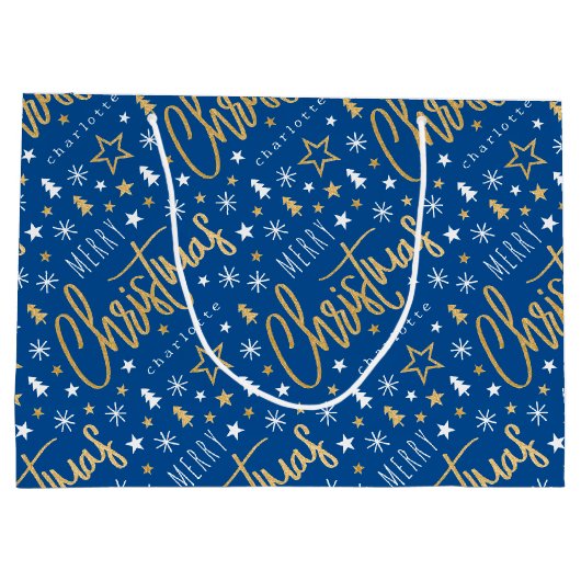 Vrolijk Kerstscript Aangepaste naam Blue Faux Gold Groot Cadeauzakje (Achterkant)