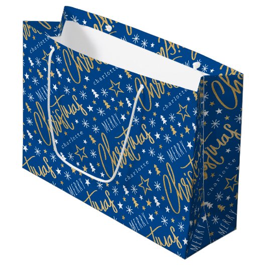Vrolijk Kerstscript Aangepaste naam Blue Faux Gold Groot Cadeauzakje (Voorkant Gekanteld)