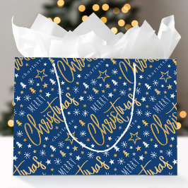 Vrolijk Kerstscript Aangepaste naam Blue Faux Gold Groot Cadeauzakje