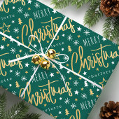 Vrolijk Kerstscript Aangepaste naam Green Faux Gol Cadeaupapier
