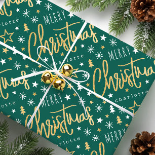Vrolijk Kerstscript Aangepaste naam Green Faux Gol Cadeaupapier