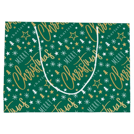 Vrolijk Kerstscript Aangepaste naam Green Faux Gol Groot Cadeauzakje (Achterkant)
