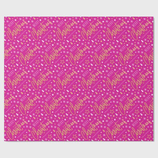 Vrolijk Kerstscript Aangepaste naam Pink Faux Gold Cadeaupapier (Vlak)